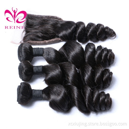 REINE wholesale free sample malaysian remy Loose wave human virgin mink hair bundles with 4*4 closure
